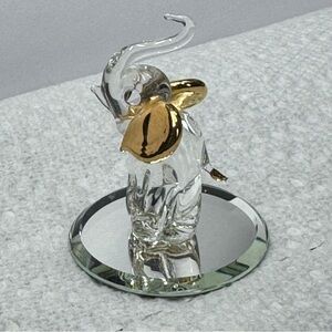 Glass Baron Handblown Clear Glass Elephant With Gold Ears Trunk Up EUC